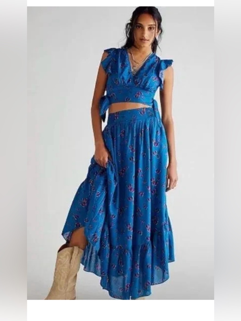 FREE PEOPLE Pretty Daze 2-Piece  Crop Top Maxi Skirt Set Blue Butterfly sz XS